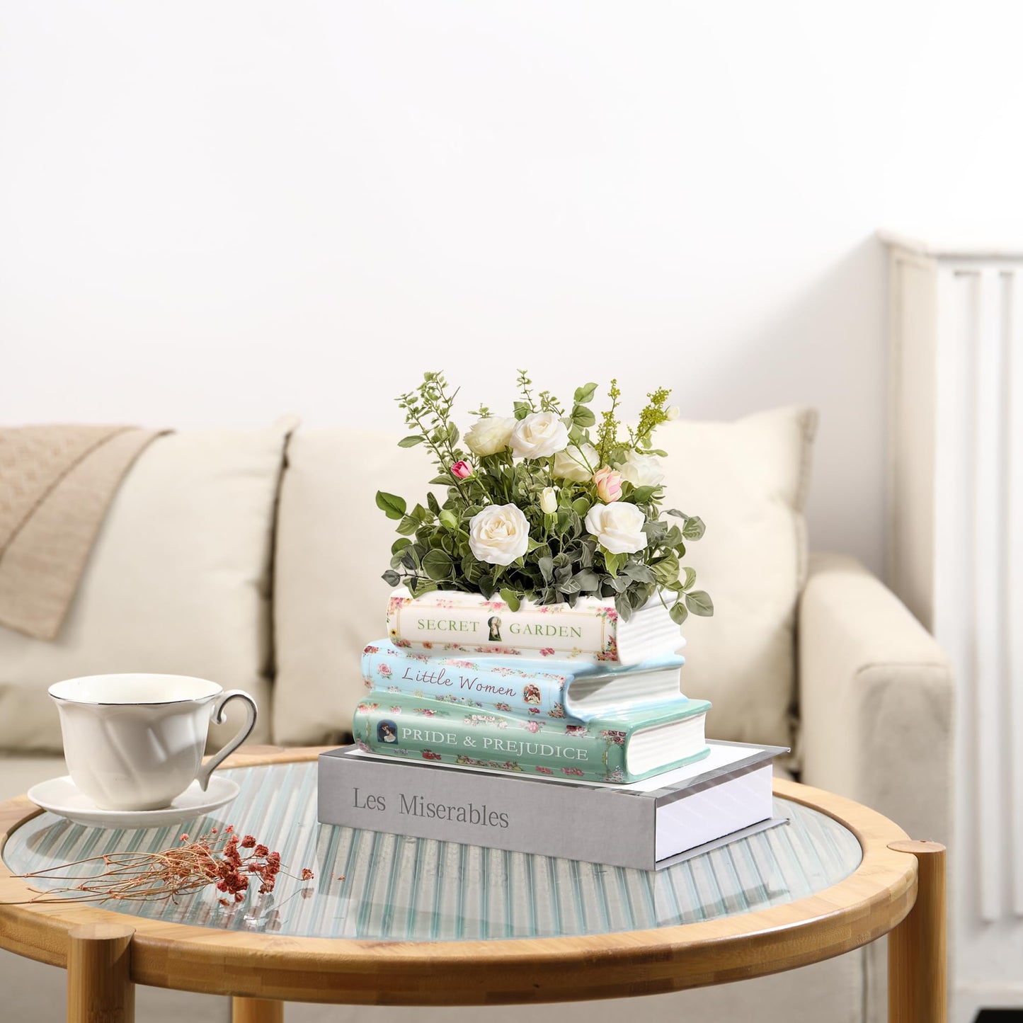 Garsheon Book Planter, Ceramic Planters with Drainage Hole, Ceramic Book Vase for Flowers, Cute Plant Pot for Book Shelf Decor, Book Shaped Vase for Book Lovers Gifts, Book Lovers Women