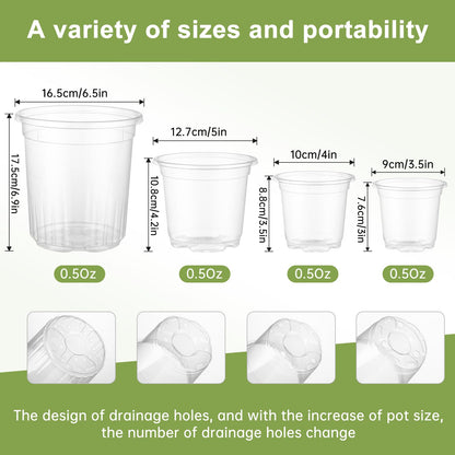 WandaQueen 36 Packs 6.5/5/4/3.5 Inch Reinforced Clear Nursery Pots with Drainage Hole, Variety Pack High Transparency Plastic Seedling Plant Pot with 20 Labels