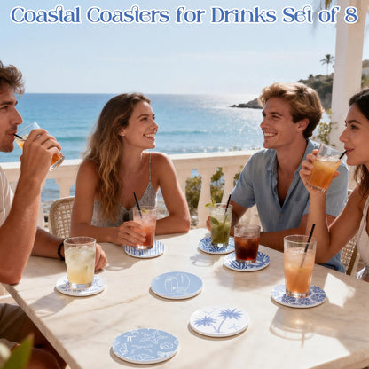 Rtteri Coastal Coasters for Drinks Set of 8 Blue Ocean Beach Starfish Shells Absorbent Ceramic Coaster with Cork Base and Metal Holder for Coastal Coffee Table Beach House Decoration Housewarming Gift