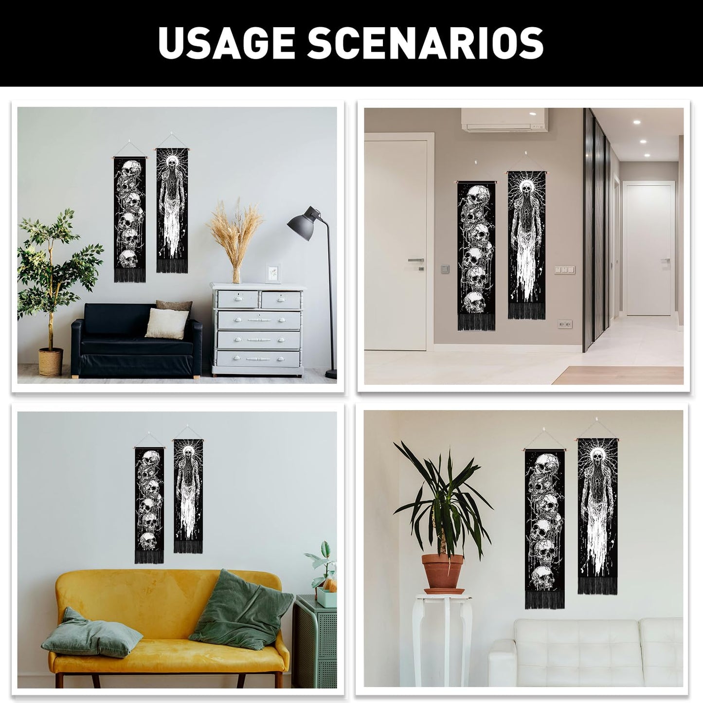 PLIGREAT 2 Pack Skeleton Tapestry with Tassels, 52" x 13" Black and White Aesthetic Wall Hanging Goth Style Vertical Home Art Tapestry for Bedroom Living Room Long Narrow Wall Hanging Art Decor