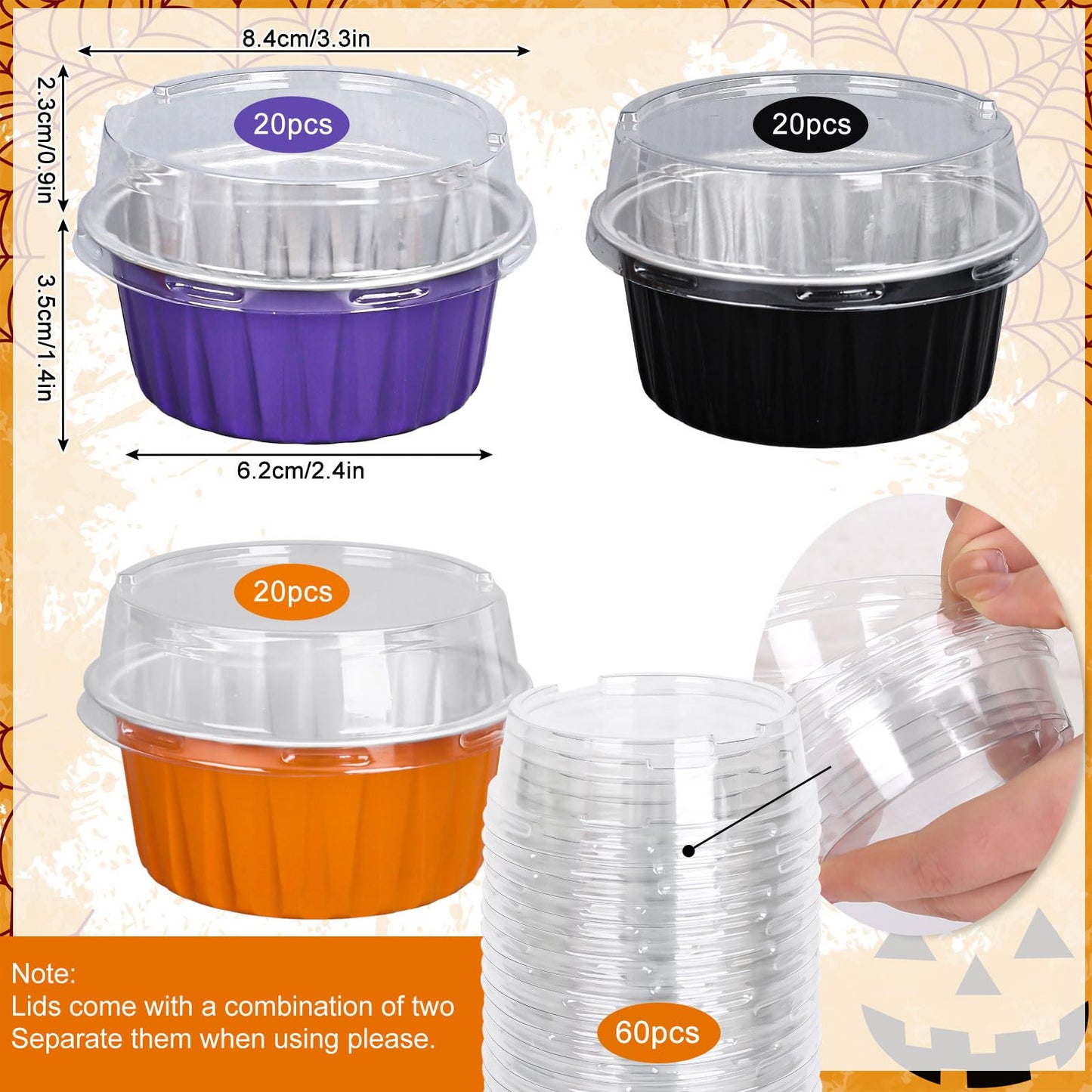 JarThenaAMCS 60Pcs Halloween Baking Cups with Lids Aluminum Foil Cupcake Holders Black Purple Orange Muffin Liners Wrappers Mini Cake Pans Ramekins Cups Dessert Containers for Party Supplies