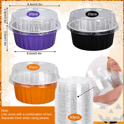JarThenaAMCS 60Pcs Halloween Baking Cups with Lids Aluminum Foil Cupcake Holders Black Purple Orange Muffin Liners Wrappers Mini Cake Pans Ramekins Cups Dessert Containers for Party Supplies