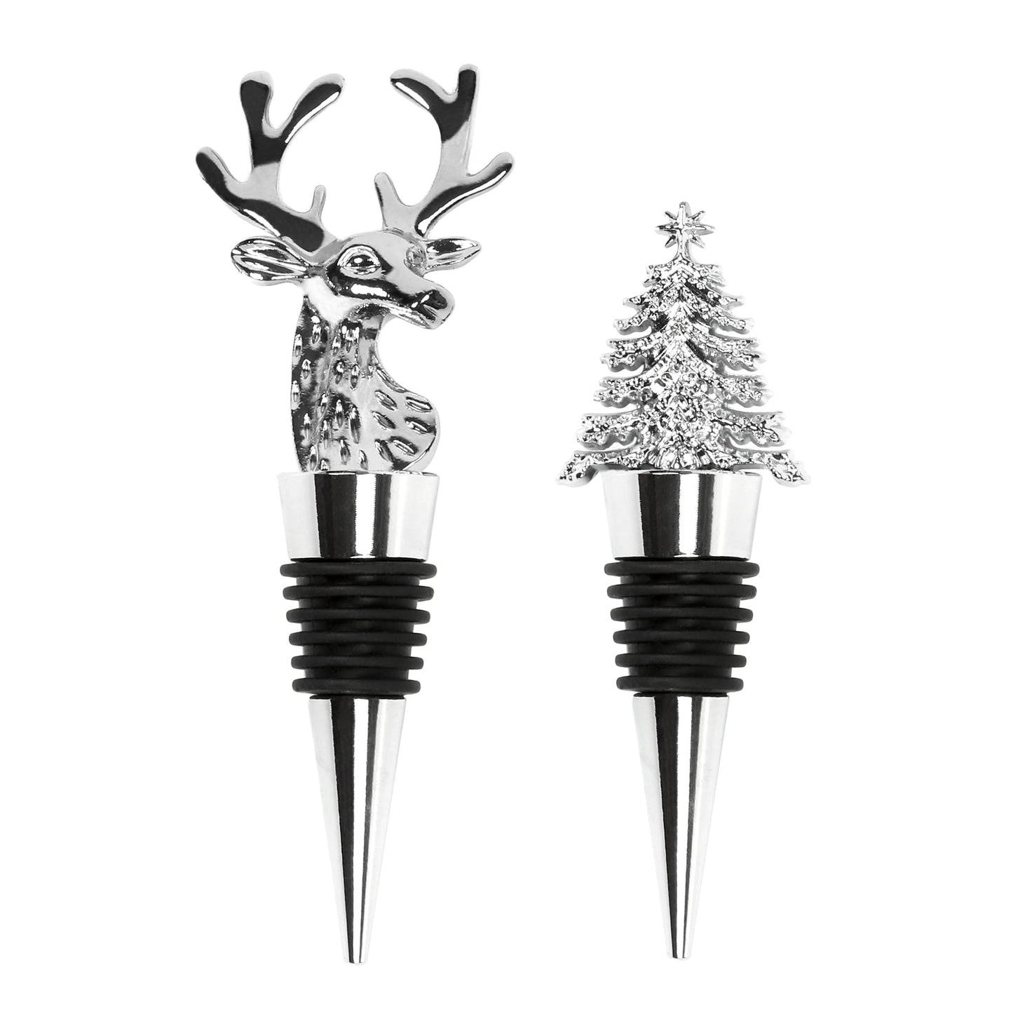 2Pack Christmas Wine Stopper, Elk & Christmas Tree Shape Decorative Wine Bottle Stopper, Food-Grade Silicone & Zinc Alloy Airtight Wine Cork for Wine Champagne, Xmas Party Home Bar Holiday Gift Silver
