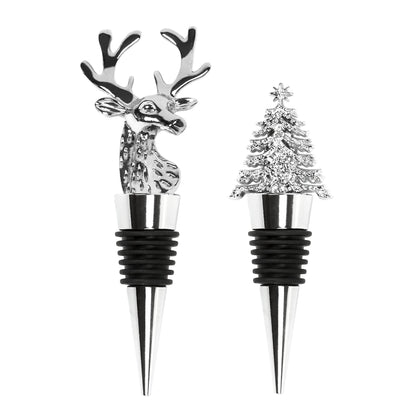 2Pack Christmas Wine Stopper, Elk & Christmas Tree Shape Decorative Wine Bottle Stopper, Food-Grade Silicone & Zinc Alloy Airtight Wine Cork for Wine Champagne, Xmas Party Home Bar Holiday Gift Silver