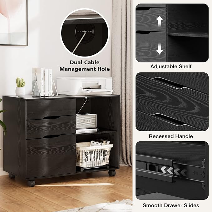UOCFYK File Cabinet with 3 Drawers, Mobile Lateral Filing Cabinet with Open Storage Shelves for Home Office Under Desk Storage, Black