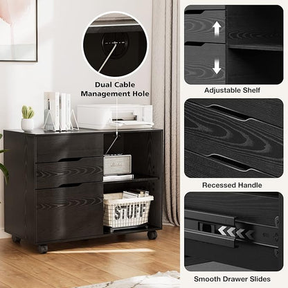 UOCFYK File Cabinet with 3 Drawers, Mobile Lateral Filing Cabinet with Open Storage Shelves for Home Office Under Desk Storage, Black
