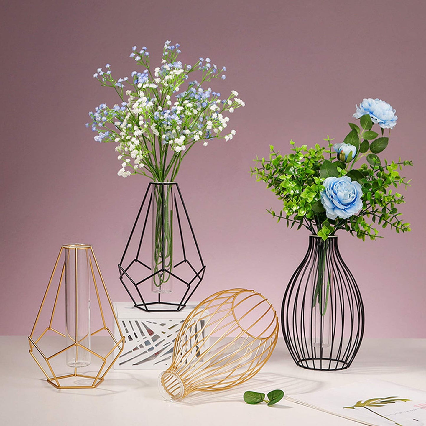Metal Frame Vase Geometric Glass Flower Vase, Lantern Shape Glass Test Tube Vase, Modern Creative Clear Tube Glass Planter Terrariums with Geometric Metal Stand for Decor Office Home (Golden B)