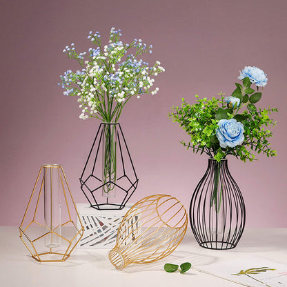 Metal Frame Vase Geometric Glass Flower Vase, Lantern Shape Glass Test Tube Vase, Modern Creative Clear Tube Glass Planter Terrariums with Geometric Metal Stand for Decor Office Home (Golden B)