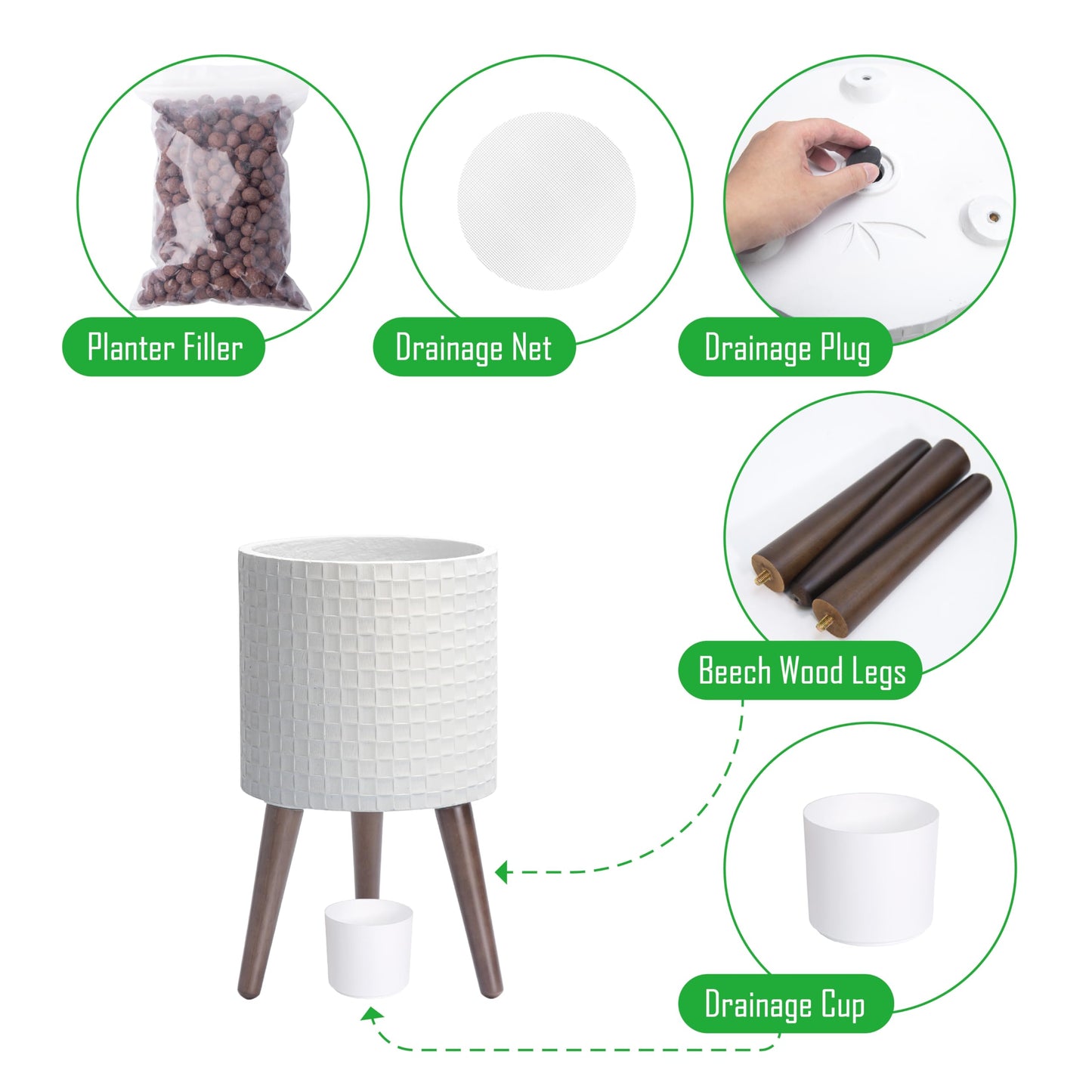 D'vine Dev 10 Inch Modern Geometric Tile Patterned Sleek Planter Pot with Stand, Indoor Outdoor Decorative Plant Holder, Matte White, 88-Z-B-1