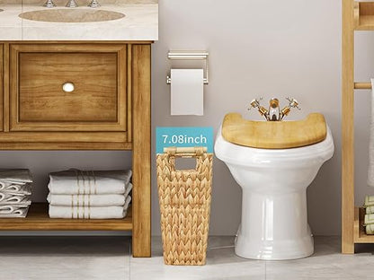 Coeusy 6 Gallon Wicker Trash Can with Wooden Handle,Wicker Waste Basket for Bathroom,Bedroom,Large Narrow Water Hyacinth Trash Basket,Rattan Boho Decor Farmhouse Bathroom Trash Can