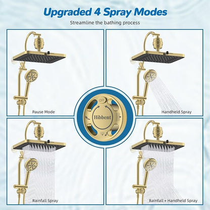 Hibbent cUPC Certified 13'' Shower Head Combo, High Pressure 5 Spray Rainfall Showerhead, 10 Spray Handheld, All Metal Easy Reach 4-way Diverter Arm with Pause Mode, 71'' Hose and Holder, Brushed Gold
