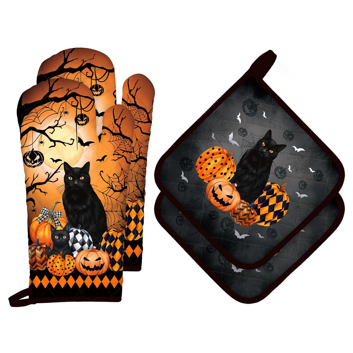 Arquiel Halloween Cat Oven Mitts and Pot Holders Sets 4Pcs, 100% Cotton Heat Resistant, Extra Long Oven Gloves Potholder for Kitchen Cooking Baking Decoration