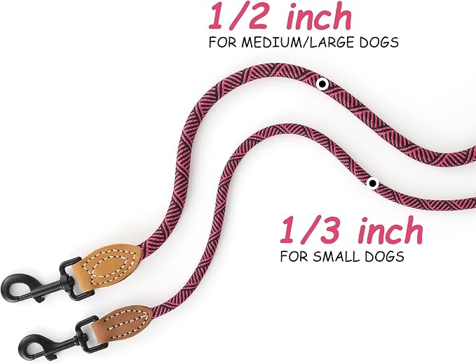 Mile High Life Small Dog Leash, Thin Rope Leash with Genuine Leather Connection and Heavy Duty Metal Clasp, Great for Small Medium Dogs(Pink,48 Inch-1/3)