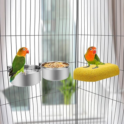 Wontee Pet Food Water Bowl with Clamp Holder Stainless Steel Feeding Cups Feeder for Dog Bird Parrot Cat Rabbit, 2 Packs (S)