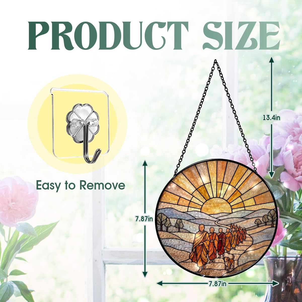Stained Glass Window Hanging, Walk for Peace Monks with Aloka in Faux Stained Glass Landscape Panel Sun Catchers Decor for Birthday for Women, Men, Wife, Aunt, and Mom 7.87 in