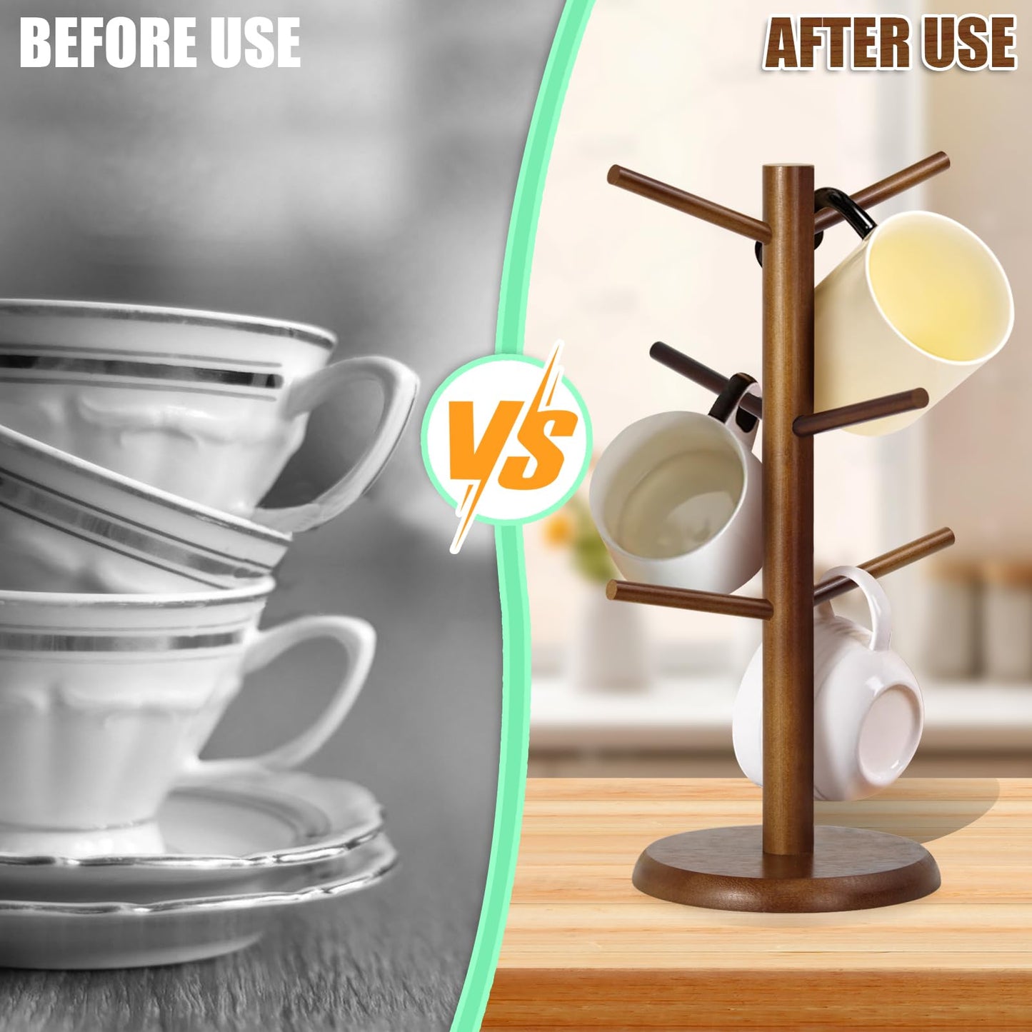 WERJOURU Mug Holder Tree,Coffee Cup Tree for Counter with 6 Hooks, Mug Holder for Counter Top，Coffee Bar Accessories and Decor，Jewelry Pendant(Brown)