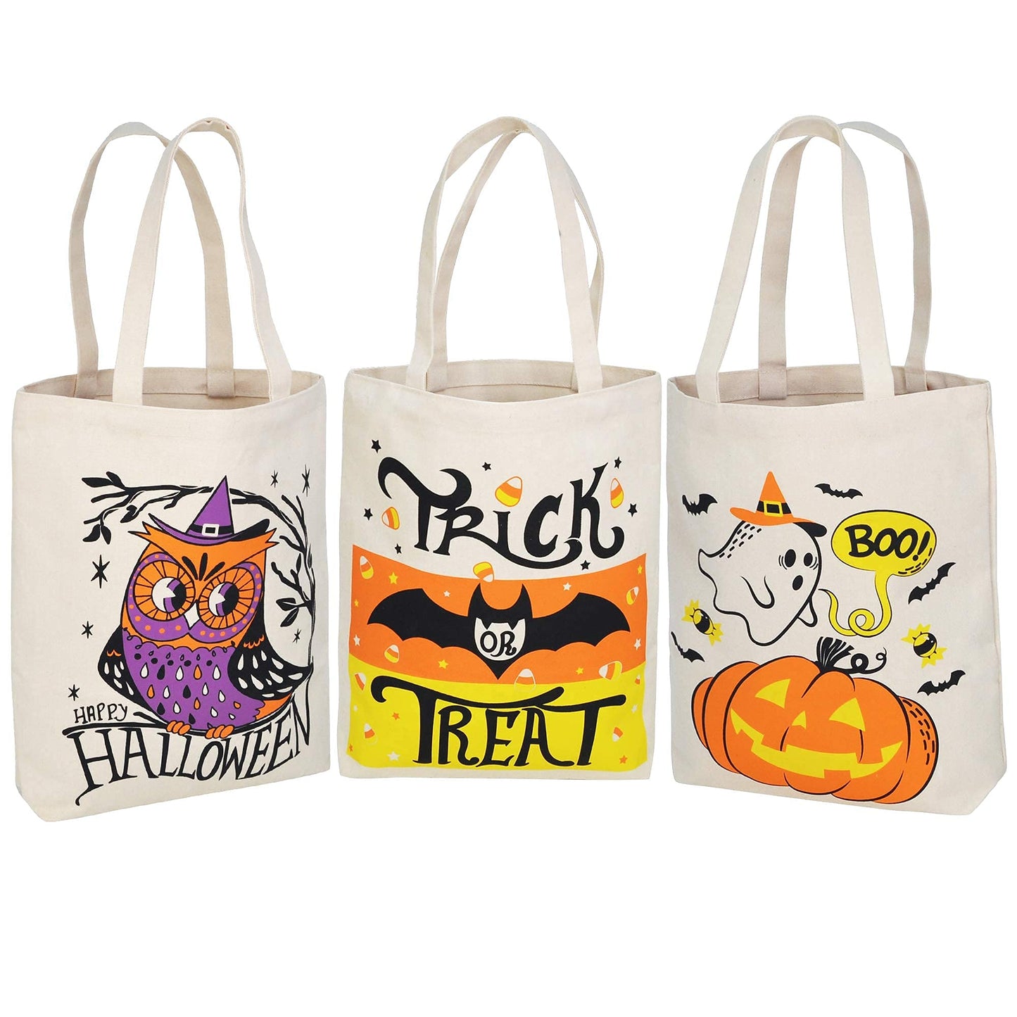 JOYIN 3PCS 13.75” Large Halloween Tote Treat Bags for Trick or Treating, Halloween Goodie Candy Bags, Reusable White Canvas Gift Bag for Kids Party Favor Supplies, Snack Grocery Tote with Handles