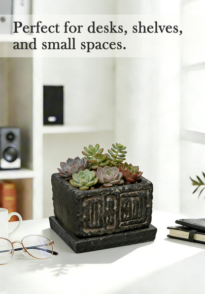 Txjyuyy Small Succulent Pots - Stone Square Plant Pot for Indoor Plants - Rustic Decorative Mini Planter for Desk, Cactus, Bonsai and Farmhouse Home Decor