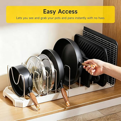 MUDEELA Pots and Pans Organizer under Cabinet, Expandable Rack with Pot Lid Holder and 10 Adjustable Dividers, Pan Organizers inside Cabinet for Kitchen Organization, Cutting Boards, Baking Sheets