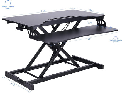 Rocelco Standing Desk Converter with Dual Monitor Mount - 31.5 Inch Sit Stand Up Tabletop Riser with Tablet Holder, Height Adjustable Workstation - Deep Keyboard Tray for Laptop - Black (R VADRB-DM2)