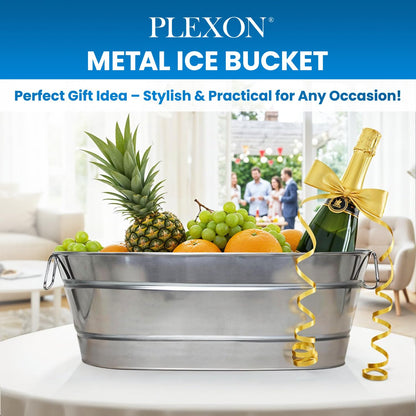PLEXON Metal Ice Bucket for Parties - Galvanized Tub with Handles - Beverage Tub - Ice Bucket for Cocktail Bar Restaurant - Drink Beer Champagne Chiller Cooler - 5.3 Gallon (20L), Set of 2