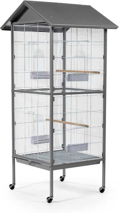 Prevue Pet Products Aviary Large Flight Cage - Powder‑Coated Standing Metal Bird Cage with Wheels, Perches, Feeders & Removable Tray, Ideal for Parakeets, Cockatiels, Canaries & Small Birds - Grey