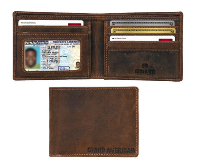 Stand American Men's Full Grain Hunter Leather Bifold Wallet with RFID Blocking - Slim Design with Total 7 Card Slots (2 Concealed Card Slots) ID Window & 2 Cash Pockets With Premium Stiching (TAN)