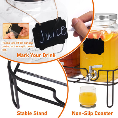 Bululuo Glass Drinks Dispenser for Parties, 2 PACK 1 Gallon Beverage Dispenser with Stand for Juice and Iced Tea, Water Jug Dispenser for Lemonade, Party Essential Beverage Pitcher with Spout