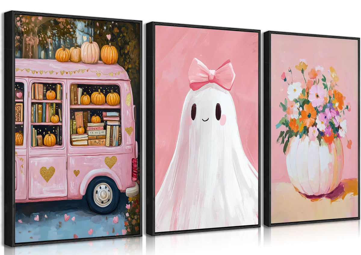 3Pcs Pink Halloween Wall Art Cute Bow Ghost Poster Prints Fall Harvest Pumpkin Flower Canvas Picture for Halloween Girls Room Dorm Nursery Playroom Wall Decor 16X24in Unframed