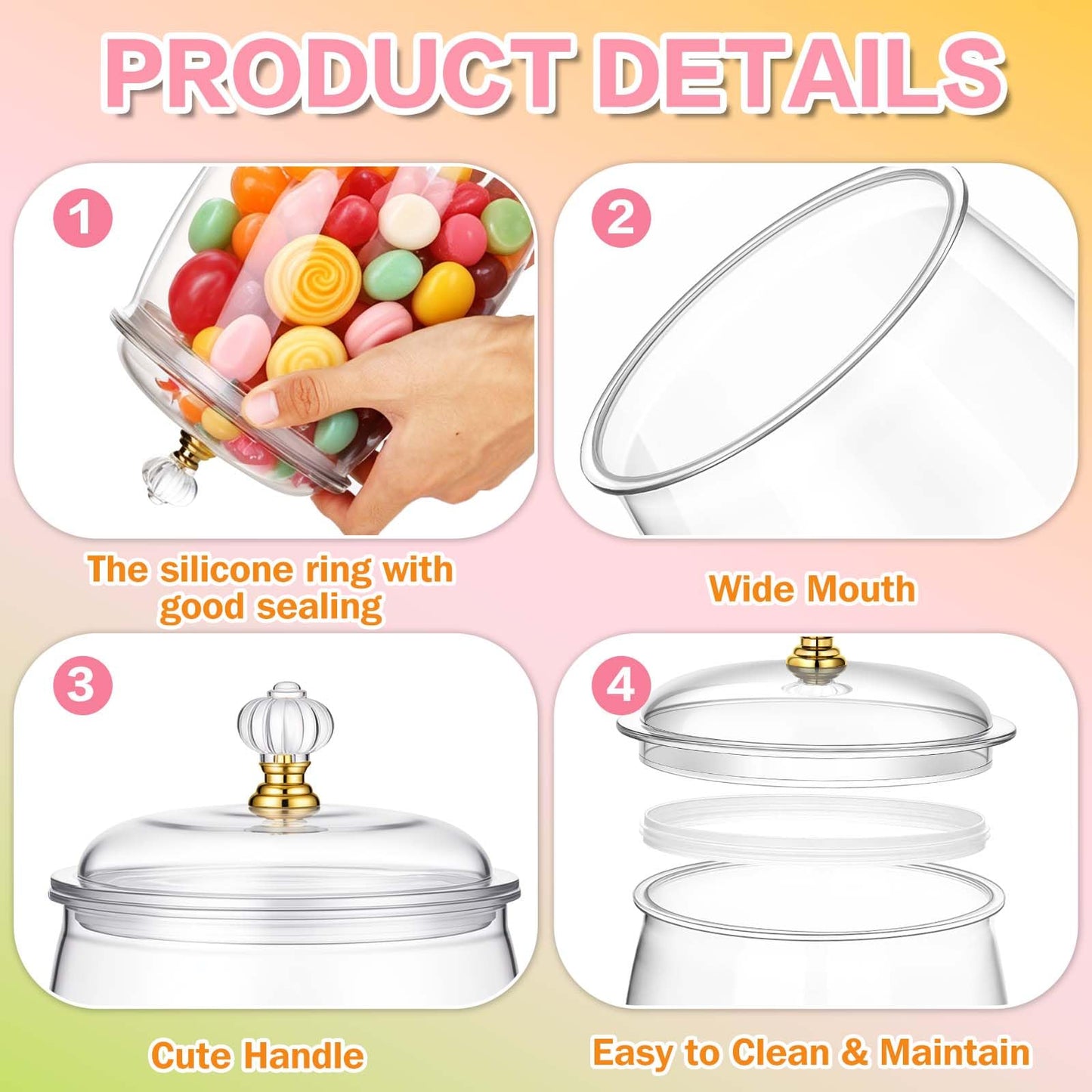 mwellewm 6pc Candy Jar with Lids and Spoons Clear Plastic Cookie Container Airtight Apothecary Storage Organization for Buffet Wedding Home Bar Decoration Festive Display and Everyday Use(64oz)