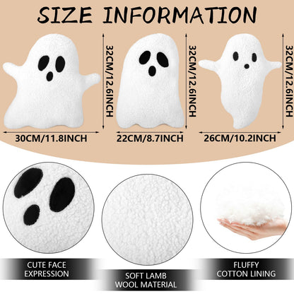 Soaoo 3 Pcs Halloween Pillows 12.6'' x 9.45'' Decorative Spooky Pillows for Sofa White Throw Pillows Decorative Plush Sofa Ghost Cushion for Indoors Home Outdoor Couch Kids