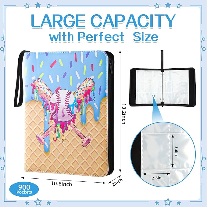 Ice Cream Drip Pattern Baseball Card Binder Waterproof Trading Card Binder Portable Collector Cardholder Album Case Gifts Baseball Cardholder for Boys Sports Game Supplies(900 Pocket,Blue)