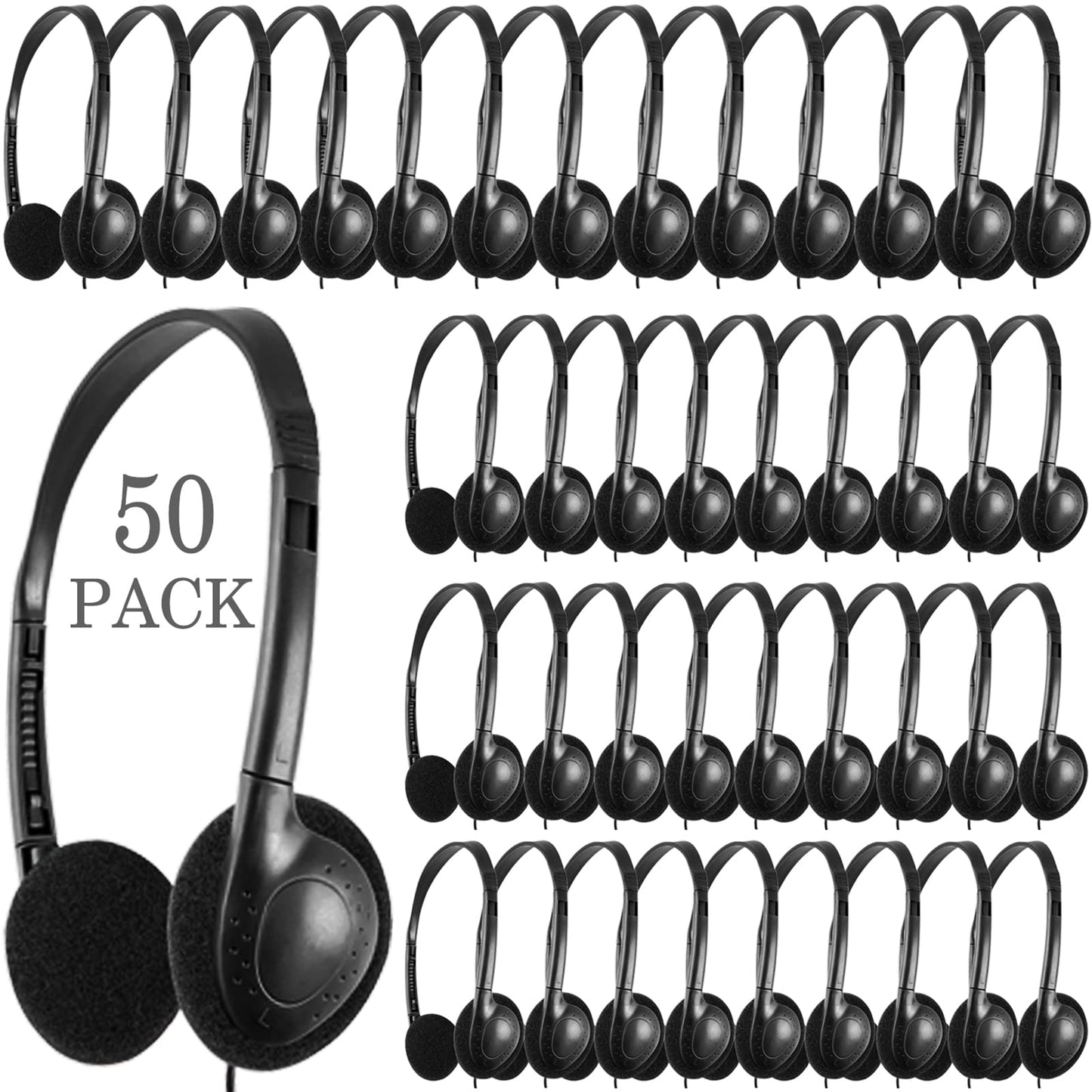 CN-Outlet 50 Packs Classroom Headphones Bulk for School Students Kids Children Toddler Boys Girls Teens and Adult, Wholesale Disposable Earphones (50 Black)