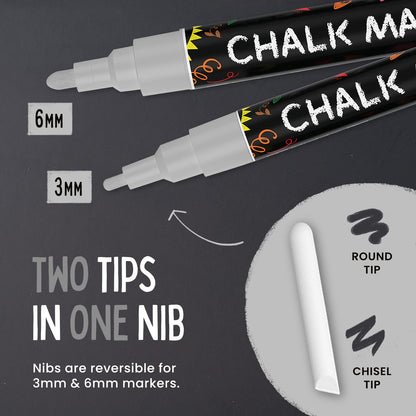 5 Silver Chalkboard Chalk Markers - Silver Dry Erase Markers for Blackboard, Chalkboard Signs, Windows, Glass | Variety Pack - Fine & Jumbo Size Ink Pen (1mm, 3mm, 6mm, 10mm, 15mm)