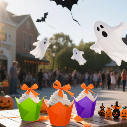 Whaline 200Pcs Halloween Tulip Cupcake Liners Black Orange Purple Green Tulip Baking Cups Muffin Cupcake Wrappers for Party Supplies Table Decor