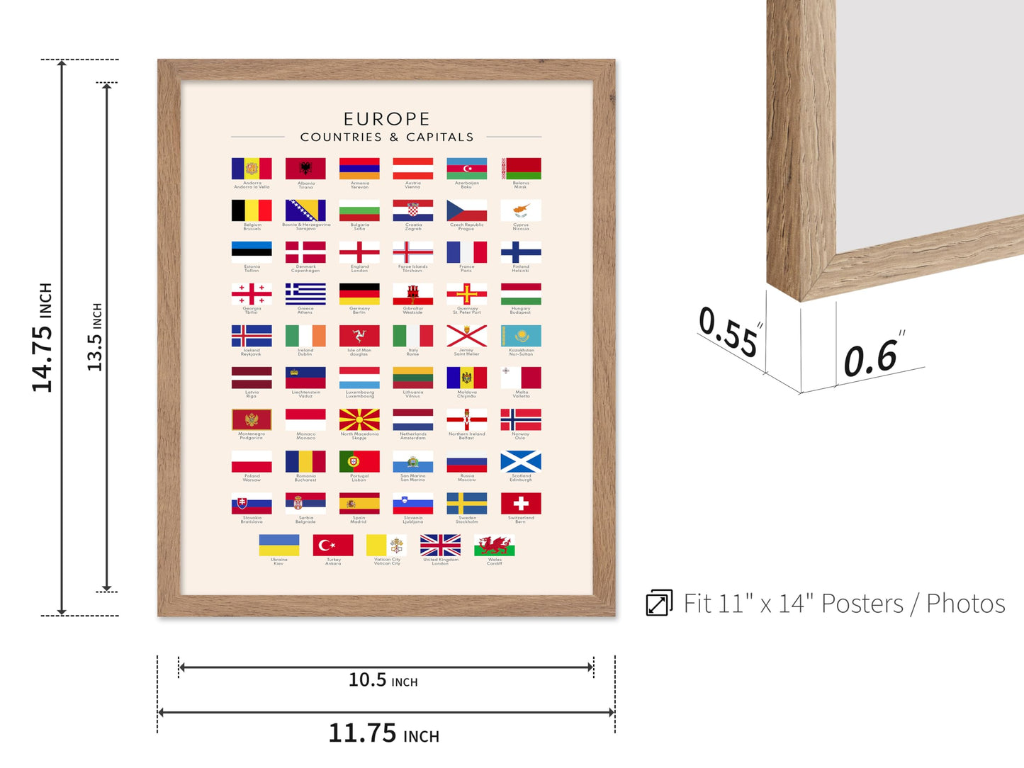 Poster Master Flags of Europe Poster - European Countries & Capitals Print - Learning Materials Art - Gift for Student & Teacher - Wall Decor for School, Classroom or Library, 11x14 Beige Framed