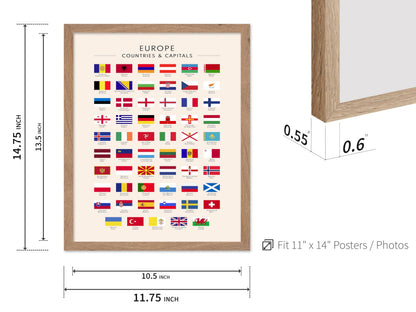 Poster Master Flags of Europe Poster - European Countries & Capitals Print - Learning Materials Art - Gift for Student & Teacher - Wall Decor for School, Classroom or Library, 11x14 Beige Framed