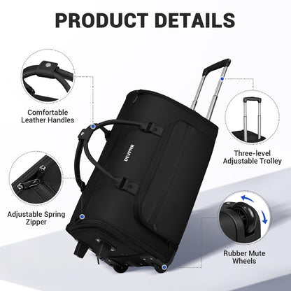 DEVPNR Rolling Garment Bags for Travel, 59L Rolling Duffle Bag with Wheels and Shoe Compartment for Men and Women, 3 in 1 Carry on Convertible Travel Garment Bag with Wheels, Black