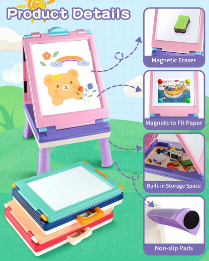 Elovien Easel for Kids, 4 in 1 Double Sided Toddler Art Easel with Chalkboard & Magnetic Whiteboard, Foldable Kid Tabletop Easel with Drawing & Writing Accessories - Educational Gift for Girl (Purple)