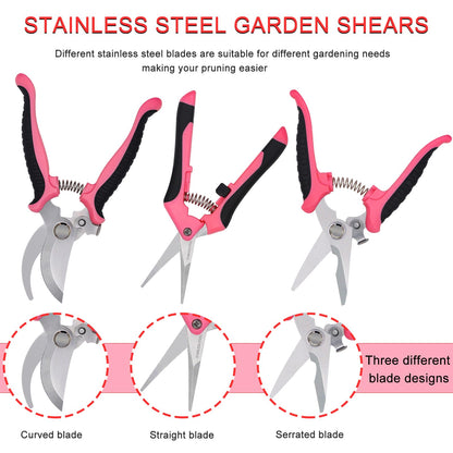 Pruning Shears Gardening Scissors Tools: 3pcs Outdoors&Indoor Garden Clippers, Rose Snips, Plant Clippers, Wood Pruner, Gardener Work Accessories for Flower Arrangement, Yard Landscaping (Pink)