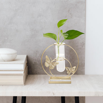 BESPORTBLE Hydroponic Desktop Vase Ornament with Butterfly Pattern, Round Glass Plant Terrarium, Metal Framed Flower Vase for Home Décor and Living Room Table Display