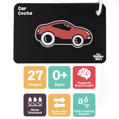 Happy Start High Contrast Baby Cards for Newborns - Black & White Cards, Water-Resistant, BPA-Free, Portable Educational Flashcards for Visual Stimulation, Award-Winning, Ages 0+ (English & Español)