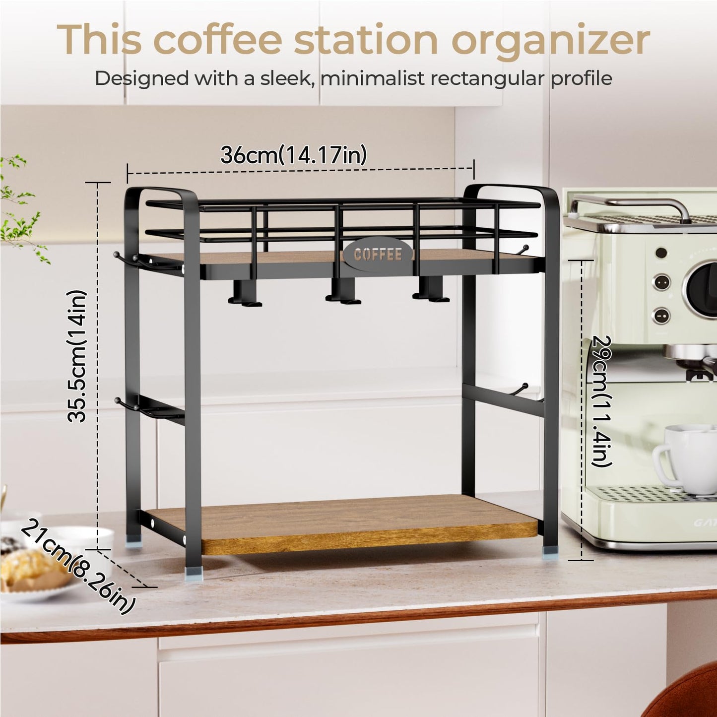 Vivise Coffee Bar Organizer Coffee Cup Holder 2 Tier Mug Stand Rack for Countertop Kitchen Storage with 14 Hooks