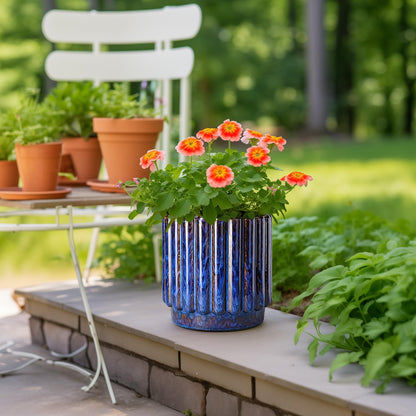 Ceramicfor Ceramic Planter - 9.6 Inch Ceramic Plant Pots Indoor Outdoor, Round Flower Pots with Drainage Hole, Large Fluted Modern Planter, Room Home Bedroom Decor, Plant Lover Gifts, Blue