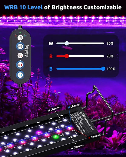 SEAOURA Aquarium LED Light for 36-42in Freshwater Tank, Full Spectrum Aquarium Light for Plant Growth, 6H/8H/12H Timer, WRB 3 Channel Customizable, 10 Brightness & 11 Colors, Adjustable Bracket
