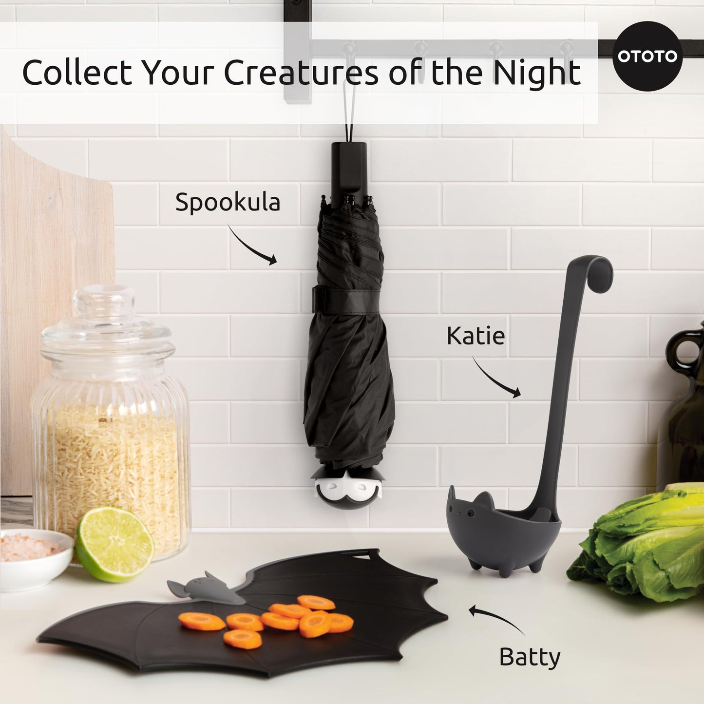OTOTO Boo-tiful Crew Bundle of Elizabat, Vino, Gracula - Halloween Kitchen Decor Goth Accessories, Cool Kitchen Gadgets, Bat Scissors, Spooky, Witchy Bottle Opener, Garlic Crusher, Spooky Funny Gifts