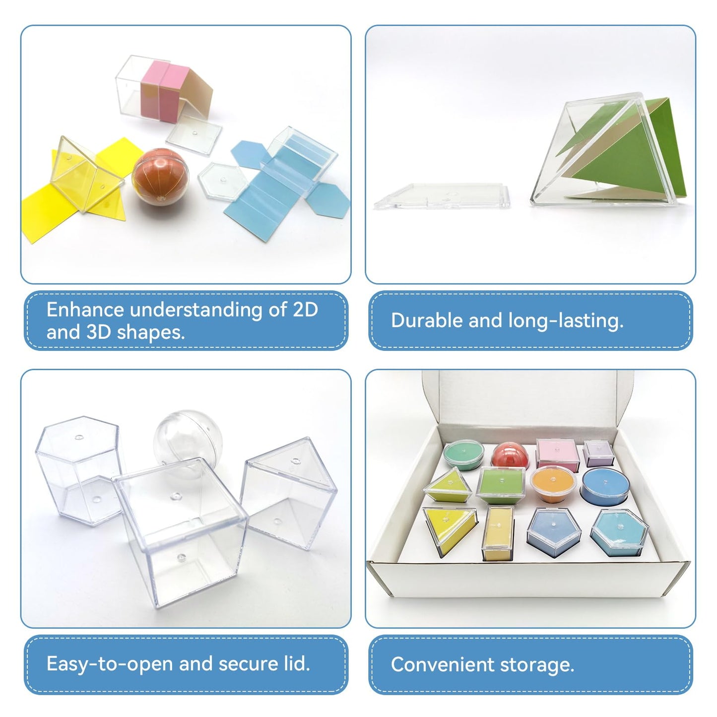 Geometric Solids 3D Shapes & 2D Folding Nets (1.96") 12+12 -Clear Math Manipulatives for Classroom & Homeschool -Thickened Durable Shapes with Smooth Edges,Teacher Supplies for Geometry, Volume & Nets