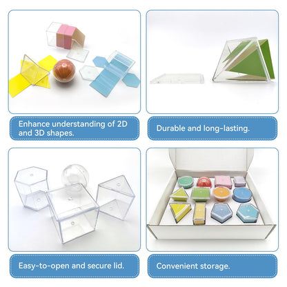 Geometric Solids 3D Shapes & 2D Folding Nets (1.96") 12+12 -Clear Math Manipulatives for Classroom & Homeschool -Thickened Durable Shapes with Smooth Edges,Teacher Supplies for Geometry, Volume & Nets