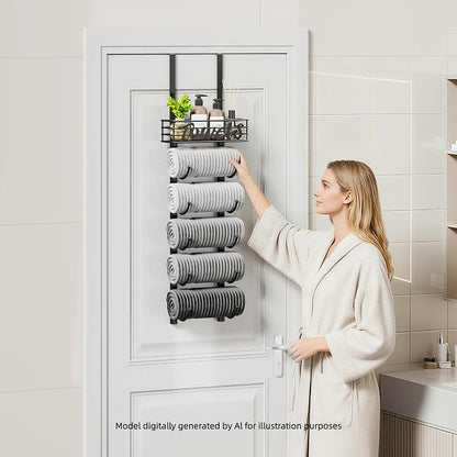 SWTYMIKI Hanging Towel Racks for Bathroom - 6 Tier Over The Door & Wall Mounted Bath Rolled Towel Storage Organizer Holder for Small Bathroom, RV, Camper, Black (Patented)