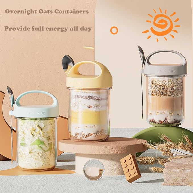 2Pack Overnight Oats Containers with Lids and Handle,14 oz Airtight Oatmeal Container,Mason Jars with Lid for Cereal,Milk,Fruit,Yogurt,On The Go Container,Salad Jars,Glass Jars (Blue)